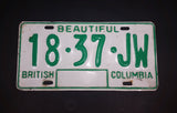 c. 1986 Beautiful British Columbia White with Green Letters Vehicle License Plate 18 37 JW - Treasure Valley Antiques & Collectibles
