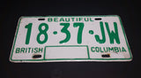 c. 1986 Beautiful British Columbia White with Green Letters Vehicle License Plate 18 37 JW - Treasure Valley Antiques & Collectibles
