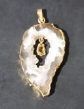 Oco Geode Crystal Slice Gold Plated w/ Brown Yellow Gemstone Necklace Pendant - Treasure Valley Antiques & Collectibles
