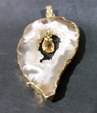 Oco Geode Crystal Slice Gold Plated w/ Brown Yellow Gemstone Necklace Pendant - Treasure Valley Antiques & Collectibles