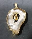 Oco Geode Crystal Slice Gold Plated w/ Brown Yellow Gemstone Necklace Pendant - Treasure Valley Antiques & Collectibles