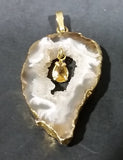 Oco Geode Crystal Slice Gold Plated w/ Brown Yellow Gemstone Necklace Pendant - Treasure Valley Antiques & Collectibles