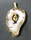 Oco Geode Crystal Slice Gold Plated w/ Brown Yellow Gemstone Necklace Pendant - Treasure Valley Antiques & Collectibles