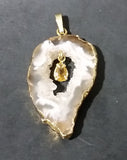 Oco Geode Crystal Slice Gold Plated w/ Brown Yellow Gemstone Necklace Pendant - Treasure Valley Antiques & Collectibles