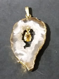 Oco Geode Crystal Slice Gold Plated w/ Brown Yellow Gemstone Necklace Pendant - Treasure Valley Antiques & Collectibles