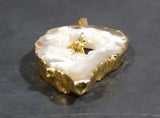 Oco Geode Crystal Slice Gold Plated w/ Brown Yellow Gemstone Necklace Pendant - Treasure Valley Antiques & Collectibles