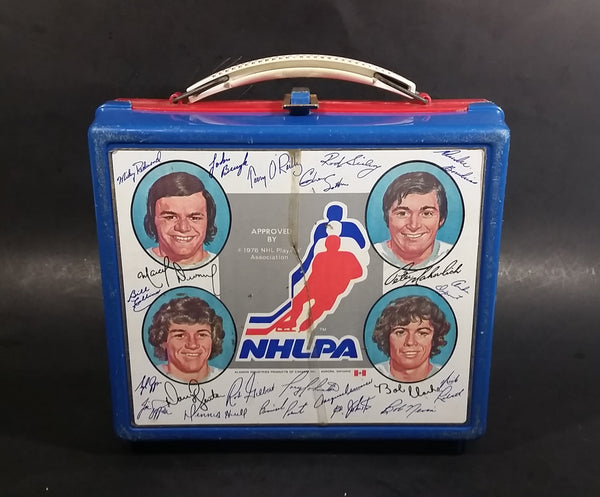 Very Rare 1976 NHLPA NHL Ice Hockey Players Association Blue Red Signatures Lunch Box (No Thermos) - Treasure Valley Antiques & Collectibles