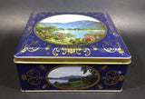Vintage St Michael Marks & Spencer Biscuits Tin Blue with Gold Motif -  Lake Scenes on each side - Treasure Valley Antiques & Collectibles