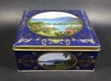 Vintage St Michael Marks & Spencer Biscuits Tin Blue with Gold Motif -  Lake Scenes on each side - Treasure Valley Antiques & Collectibles