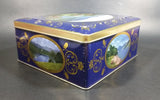 Vintage St Michael Marks & Spencer Biscuits Tin Blue with Gold Motif -  Lake Scenes on each side - Treasure Valley Antiques & Collectibles