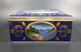 Vintage St Michael Marks & Spencer Biscuits Tin Blue with Gold Motif -  Lake Scenes on each side - Treasure Valley Antiques & Collectibles