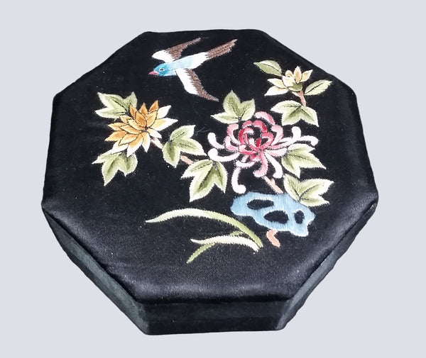 1940s Chinese Silk Embroidered Octagon Jewelry Keepsake Bird and Flower Decor - Treasure Valley Antiques & Collectibles