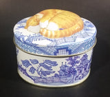 Collectible Blue Willow Blue and White Tin With Orange and White Sleeping Kitty Cat - Treasure Valley Antiques & Collectibles