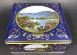 Vintage St Michael Marks & Spencer Biscuits Tin Blue with Gold Motif -  Lake Scenes on each side - Treasure Valley Antiques & Collectibles