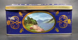 Vintage St Michael Marks & Spencer Biscuits Tin Blue with Gold Motif -  Lake Scenes on each side - Treasure Valley Antiques & Collectibles