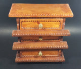 Vintage 3 Drawer Tiered Carved Notch Wooden w/ Green Felt Lining Footed Jewelry Trinket Box - Treasure Valley Antiques & Collectibles