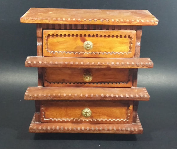 Vintage 3 Drawer Tiered Carved Notch Wooden w/ Green Felt Lining Footed Jewelry Trinket Box - Treasure Valley Antiques & Collectibles