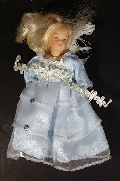Vintage Gift World of Gorham Porcelain 6" Doll in Light blue Dress w/ Blonde Hair Hanging Ornament - Treasure Valley Antiques & Collectibles