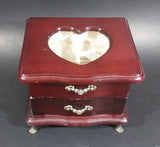 Secret Treasures Small Footed Wooden Jewelry Box with Flower Etched Heart Shaped Glass Hinged Lid - Treasure Valley Antiques & Collectibles