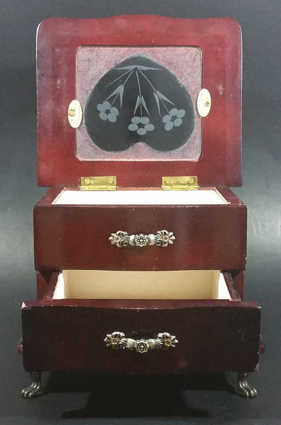 Secret Treasures Small Footed Wooden Jewelry Box with Flower Etched Heart Shaped Glass Hinged Lid - Treasure Valley Antiques & Collectibles