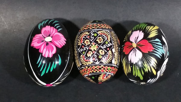 Set of 3 Vintage Black Detailed Flower Decor Polish Ukrainian Style Wooden Hand Painted Easter Eggs - Treasure Valley Antiques & Collectibles