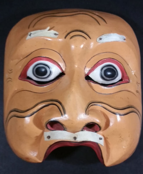 Vintage Wood Carved Face Mask with White Hair Eyebrows and Mustache (Some hair missing) - Treasure Valley Antiques & Collectibles