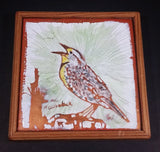 Pretty Enamel on Copper "Meadowlark" White Green Wood Framed Artistic Tile Signed - Treasure Valley Antiques & Collectibles