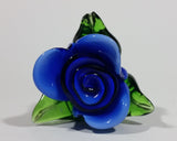 Hand Blown Art Glass Blue Rose Flower with Green Stem - Broken Stem, Leaf tips chipped - Treasure Valley Antiques & Collectibles