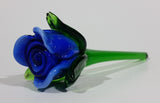Hand Blown Art Glass Blue Rose Flower with Green Stem - Broken Stem, Leaf tips chipped - Treasure Valley Antiques & Collectibles