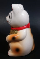 Vintage Chinese Good Luck Cat Kitty Waving Ceramic Figurine White with Gold Vest and Sign - Treasure Valley Antiques & Collectibles