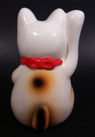 Vintage Chinese Good Luck Cat Kitty Waving Ceramic Figurine White with Gold Vest and Sign - Treasure Valley Antiques & Collectibles