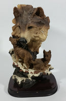 Meerchi MRH Wolf Wolves Pups Resin Sculpture on a Wooden Base - 10 1/4" Tall - Treasure Valley Antiques & Collectibles