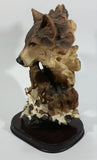 Meerchi MRH Wolf Wolves Pups Resin Sculpture on a Wooden Base - 10 1/4" Tall - Treasure Valley Antiques & Collectibles