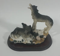 Wolf Wolves Couple Resin Sculpture on a Wooden Base - 7" Tall - Treasure Valley Antiques & Collectibles