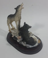 Wolf Wolves Couple Resin Sculpture on a Wooden Base - 7" Tall - Treasure Valley Antiques & Collectibles