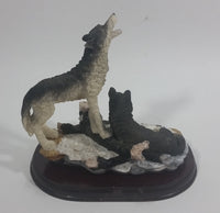 Wolf Wolves Couple Resin Sculpture on a Wooden Base - 7" Tall - Treasure Valley Antiques & Collectibles