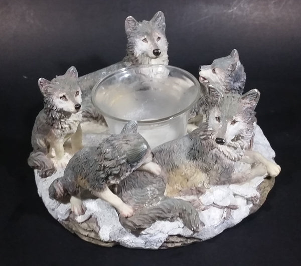 Wolf Pack Wolves Family with Pups Round Center Based Resin Decorative Candle Holder Wildlife Collectible - Treasure Valley Antiques & Collectibles