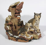 Wolf Wolves Sitting Near a Frozen Water Fall on Snow Covered Rocks Resin Sculpture Wildlife Collectible - Treasure Valley Antiques & Collectibles