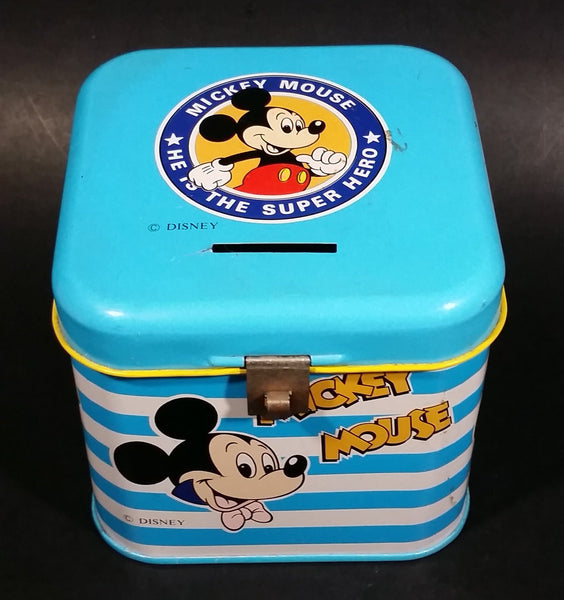 Rare Vintage 1970s Melody Disney Mickey Mouse "He Is The Super Hero" Blue and White Tin Metal Coin Bank