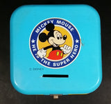 Rare Vintage 1970s Melody Disney Mickey Mouse "He Is The Super Hero" Blue and White Tin Metal Coin Bank