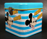 Rare Vintage 1970s Melody Disney Mickey Mouse "He Is The Super Hero" Blue and White Tin Metal Coin Bank