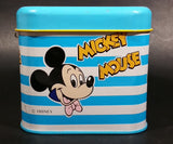 Rare Vintage 1970s Melody Disney Mickey Mouse "He Is The Super Hero" Blue and White Tin Metal Coin Bank