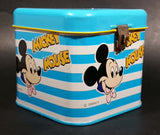 Rare Vintage 1970s Melody Disney Mickey Mouse "He Is The Super Hero" Blue and White Tin Metal Coin Bank