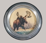 1950s Lulu Island Motors Standard Oil Chevron Dealer Gas Station Moose Painting Metal Coaster Ash Tray Promotional Gift - Treasure Valley Antiques & Collectibles