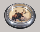 1950s Lulu Island Motors Standard Oil Chevron Dealer Gas Station Moose Painting Metal Coaster Ash Tray Promotional Gift - Treasure Valley Antiques & Collectibles