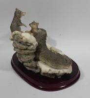 1987 Crosa The Canadian Rockies Wolf Pups Wolves Sitting and Playing Near Frozen Water Falls on Snow Covered Rocks Resin Sculpture Wildlife Collectible - Treasure Valley Antiques & Collectibles
