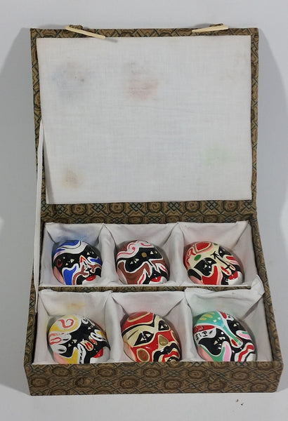 Vintage Set of 6 Hand Painted Miniature Chinese Colored Clay Mud Opera Masks In Light Brown Patterned Hinged Silk Lined Box