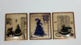 Set of 3 Vintage Victorian Parlour Styled Black and Blue Pictures in Small Bowed Glass Metal Edged Framed Art - Treasure Valley Antiques & Collectibles