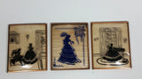 Set of 3 Vintage Victorian Parlour Styled Black and Blue Pictures in Small Bowed Glass Metal Edged Framed Art - Treasure Valley Antiques & Collectibles