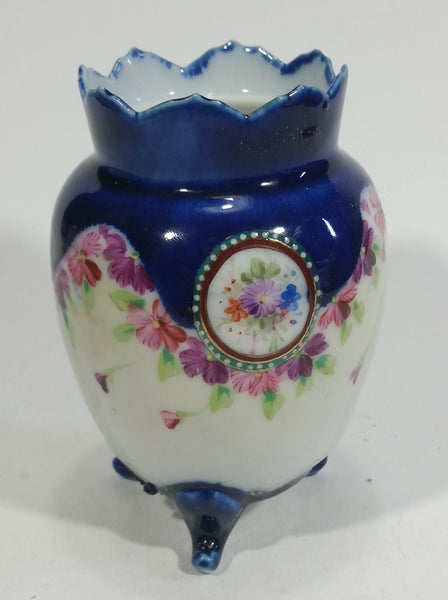 Vintage Blue and White Mixed Floral Flower Decor Tri-Footed Porcelain Ceramic Vase - Easter Style - Treasure Valley Antiques & Collectibles